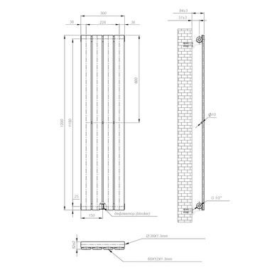 Вертикальный радиатор Largo 300х1200-4, anticor, черный муар