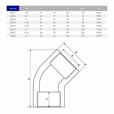 Коліно різьбове 45&deg; ПВХ Hidroten 1002317, ВР/ВР, d2 1/2"