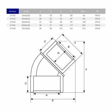 Коліно клейове 45&deg; ПВХ Hidroten 1001743, редукційне, d40x40x32 мм