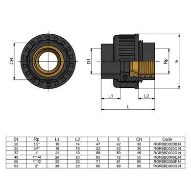 Муфта ПВХ Effast RGRBBD032D.N перехідна, з внутрішнім різьбленням d32x1"