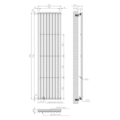 Вертикальний радіатор Ellipse 480х1800-8, anticor, чорний муар