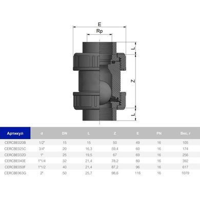 Обратный клапан ПВХ Effast CERCBE032D шаровый, с внутренней резьбой 1" и уплотнением EPDM, d32