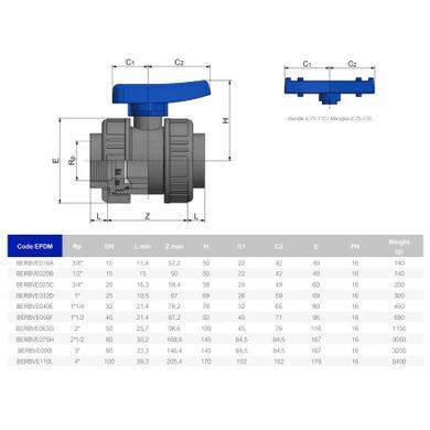Кран кульовий ПВХ Effast з внутрішнім різьбленням, d1-1/4"