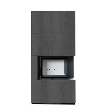 Камин Kratki FLOKI BOX правый 8 kW &Oslash; 160 в корпусе с керамогранита NATURALI PIETRA DI SAVOIA ANTRANCITE BOCCIARDATA